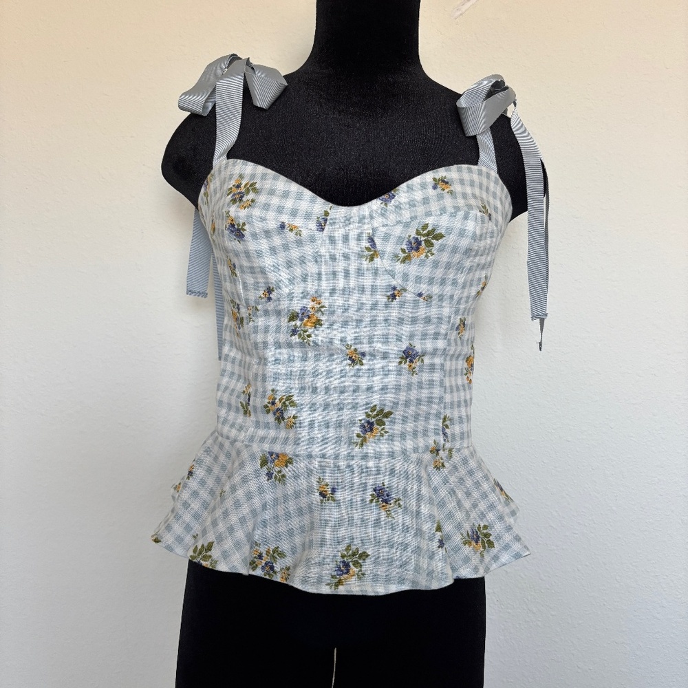 Reformation Kassi Linen Top Al Fresco Blue Gingham Top with Shoulder Bows
